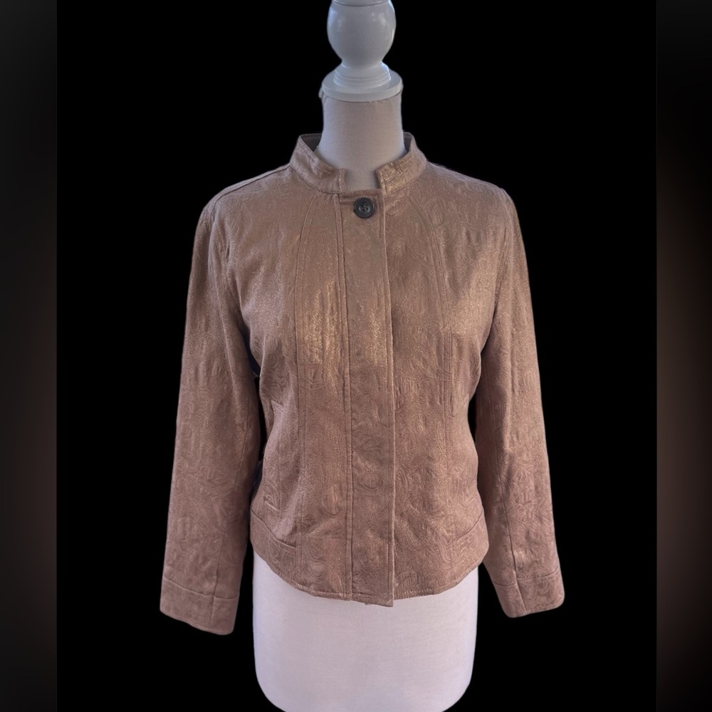 Chico's Metallic Gold Camel Split Blazer Jacket Mandarin Collar Paisley Size 1